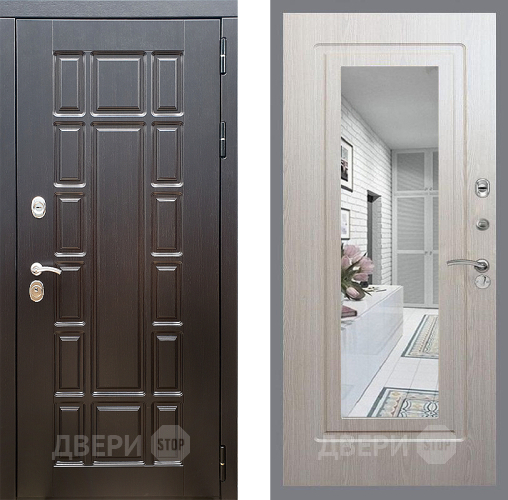 Входная металлическая Дверь Стоп НЬЮ ЙОРК Зеркало ФЛ-120 Беленый дуб в Красноармейске