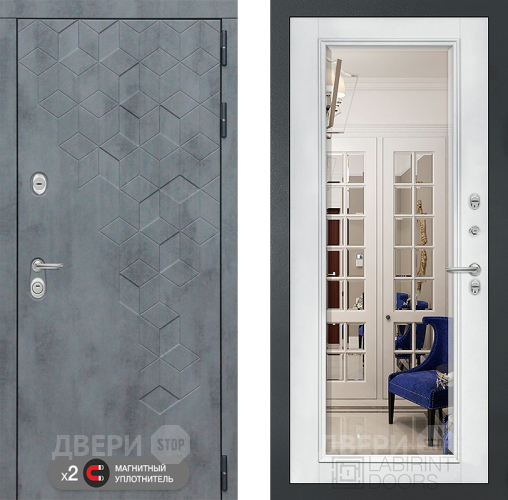 Дверь Лабиринт (LABIRINT) Бетон Зеркало Фацет с багетом Белый софт в Красноармейске