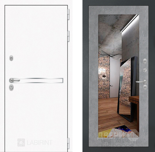 Входная металлическая Дверь Лабиринт (LABIRINT) Лайн White Зеркало 18 Бетон светлый в Красноармейске