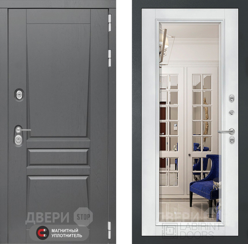 Входная металлическая Дверь Лабиринт (LABIRINT) Платинум Зеркало Фацет с багетом Белый софт в Красноармейске