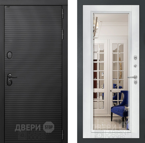 Входная металлическая Дверь Лабиринт (LABIRINT) Вулкано Зеркало Фацет с багетом Белый софт в Красноармейске