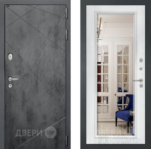 Дверь Лабиринт (LABIRINT) Лофт Зеркало Фацет с багетом Белый софт в Красноармейске