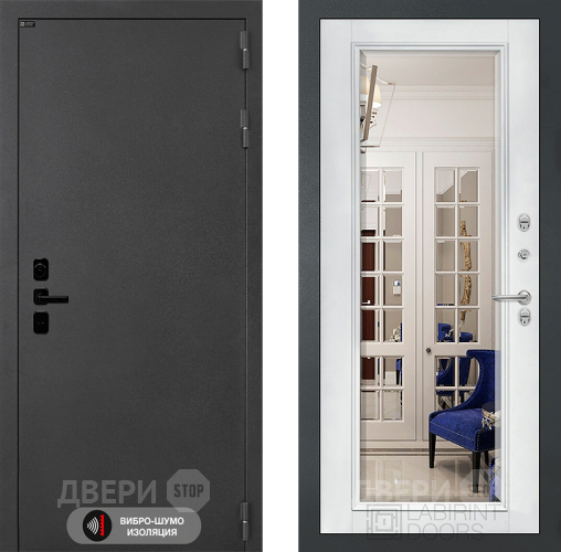 Входная металлическая Дверь Лабиринт (LABIRINT) Acustic Зеркало Фацет с багетом Белый софт в Красноармейске